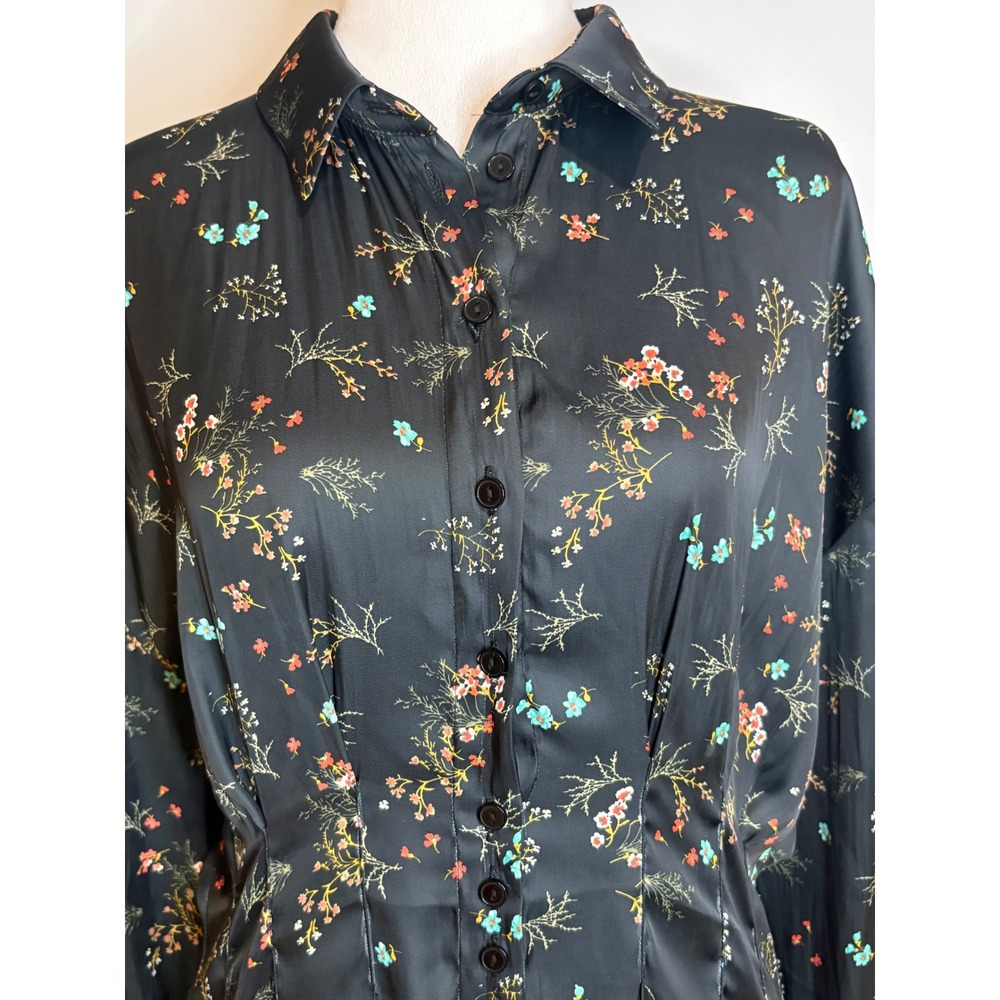 Exquise Anthropologie Floral Shirt Dress Black Satin Pleated Mini Pockets Size M - Picture 3 of 12